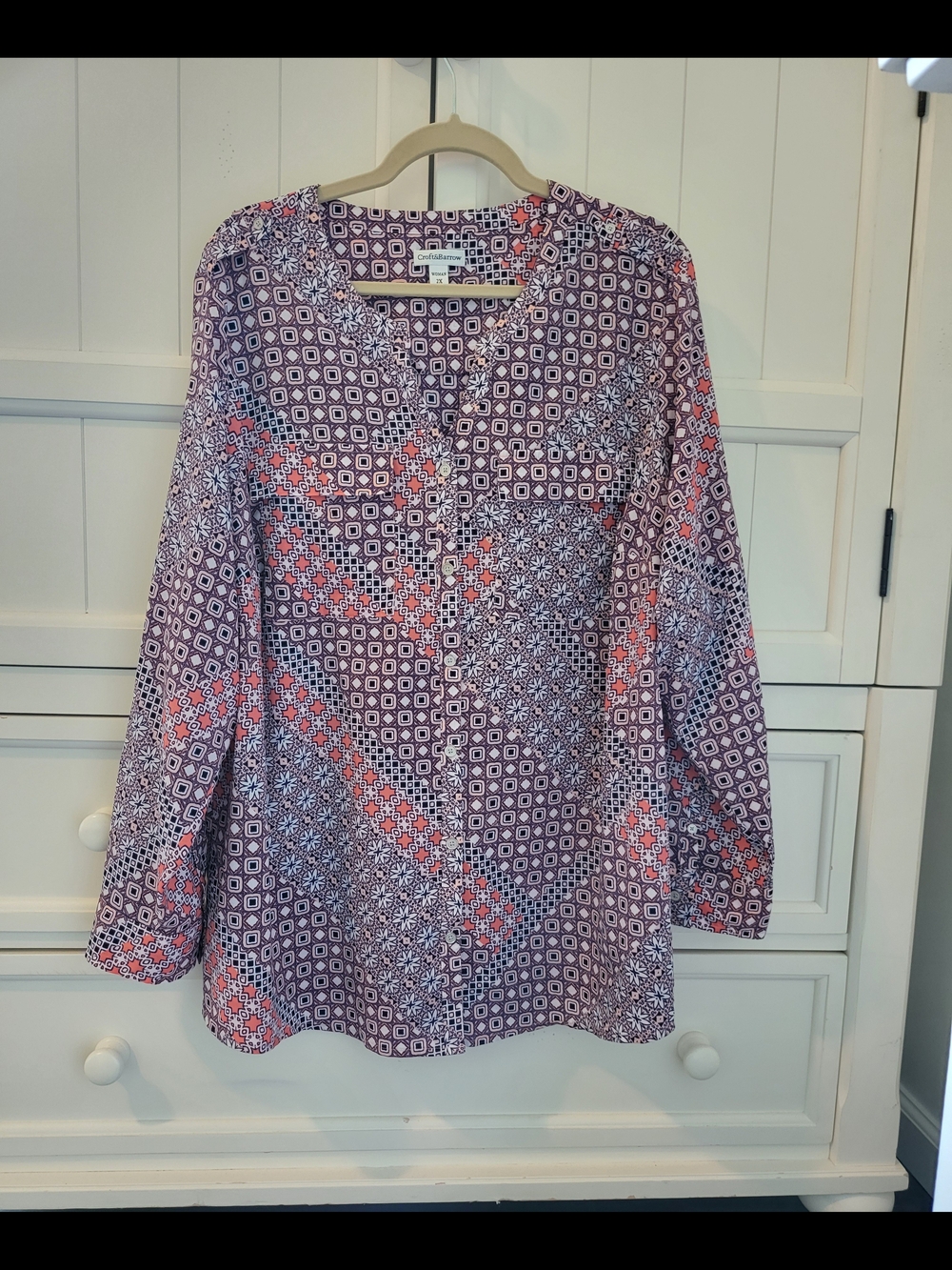 Croft & Barrow Women's 2X Pink/blue Patterned Button-Front Blouse